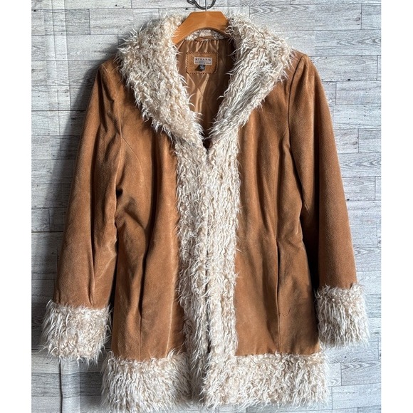 Penny Lane coat brown leather Vintage Giacca faux fur trim winter women's large - Picture 1 of 10